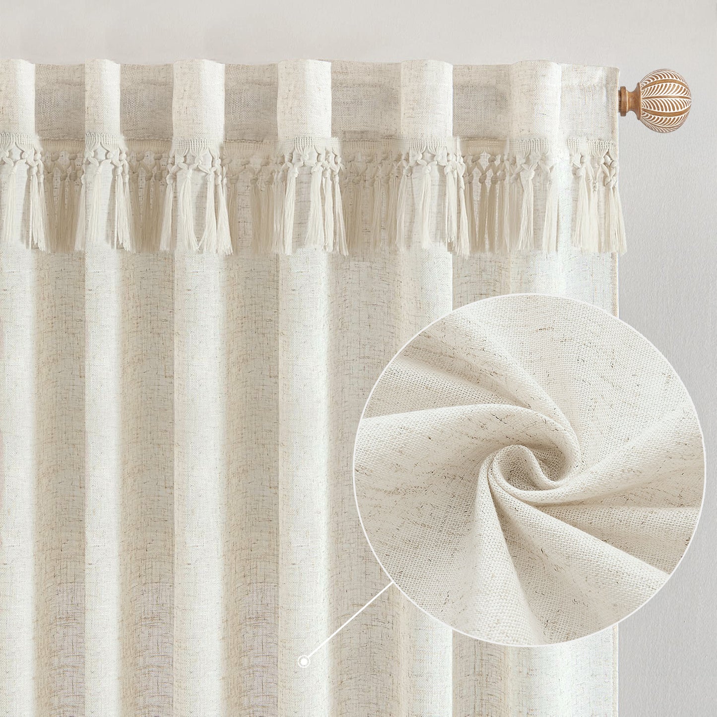White Farmhouse Curtains for Living Room Linen Boho Curtains 52" x 84",2 Panels