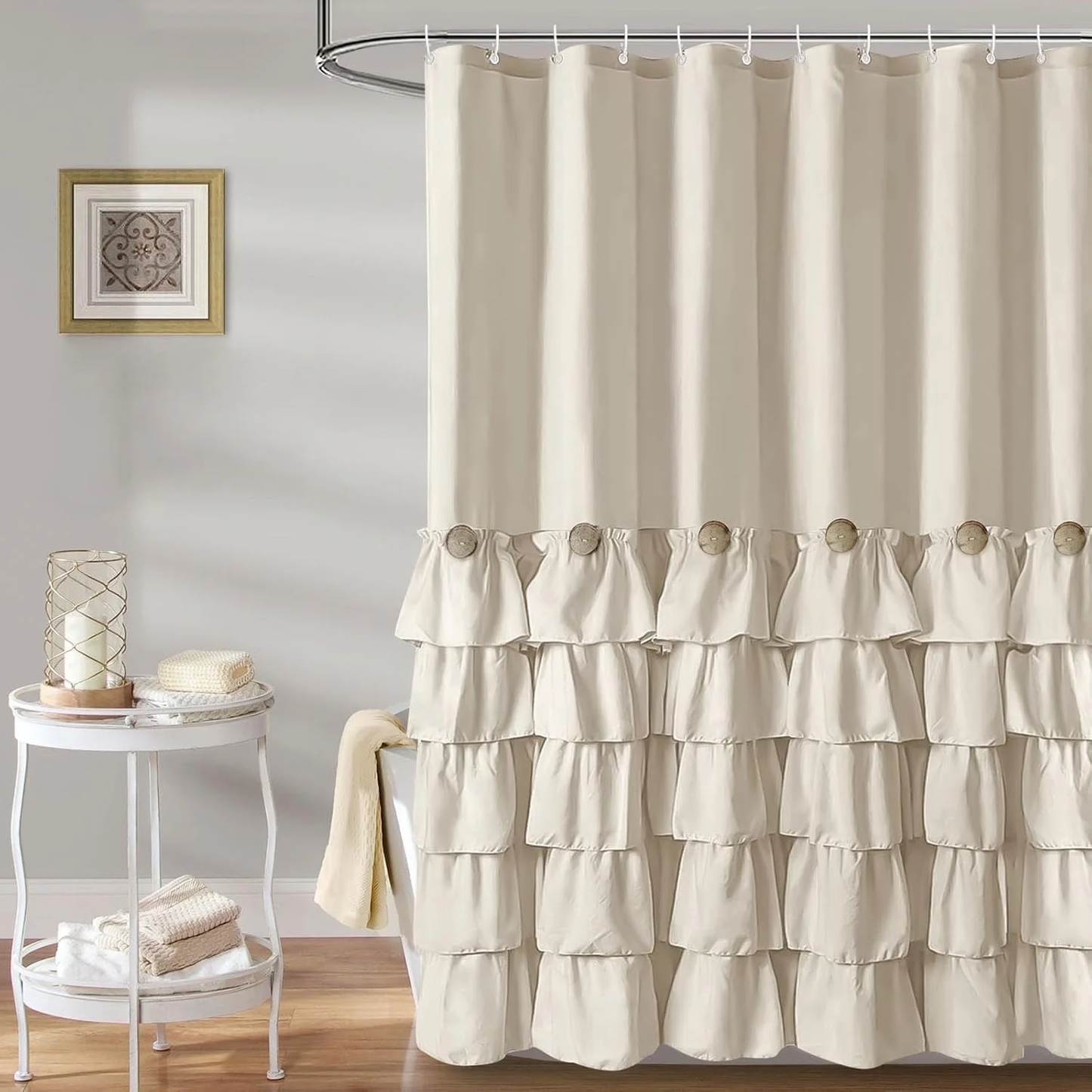 Button Farmhouse Shower Curtain Shabby Chic Fabric Shower Curtain with 12 Hooks 72'' x 72''