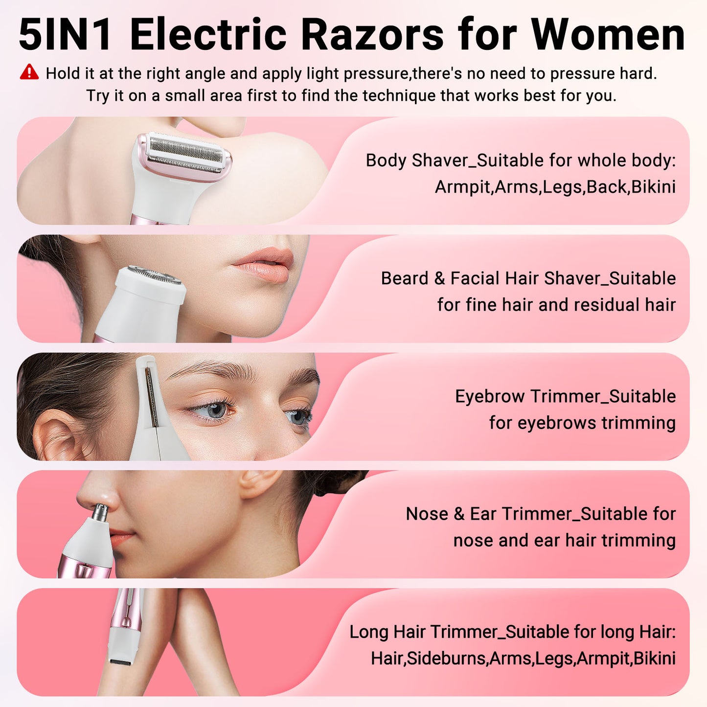 5 in 1 Electric Razor for Women,Nose Hair Trimmer, Face, Bikini & Body Shaver, Gentle Design for Smooth Skin