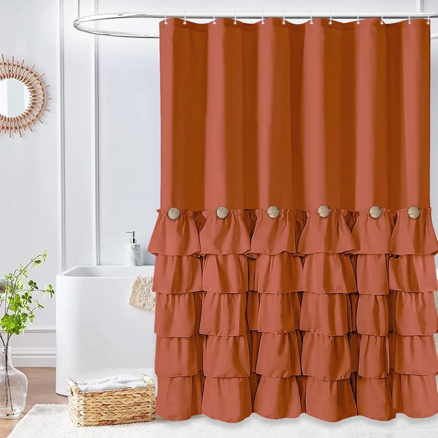 Button Farmhouse Shower Curtain Shabby Chic Fabric Shower Curtain with 12 Hooks 72'' x 72''