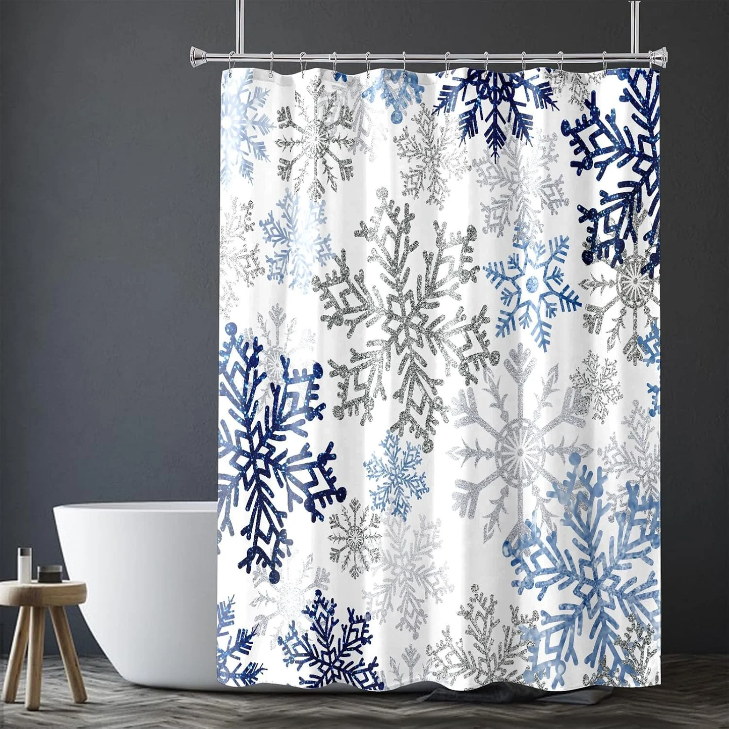 Christmas Snowflake Shower Curtain Fabric Winter Holiday Shower Curtains with 12 Hooks, 72x72 inches