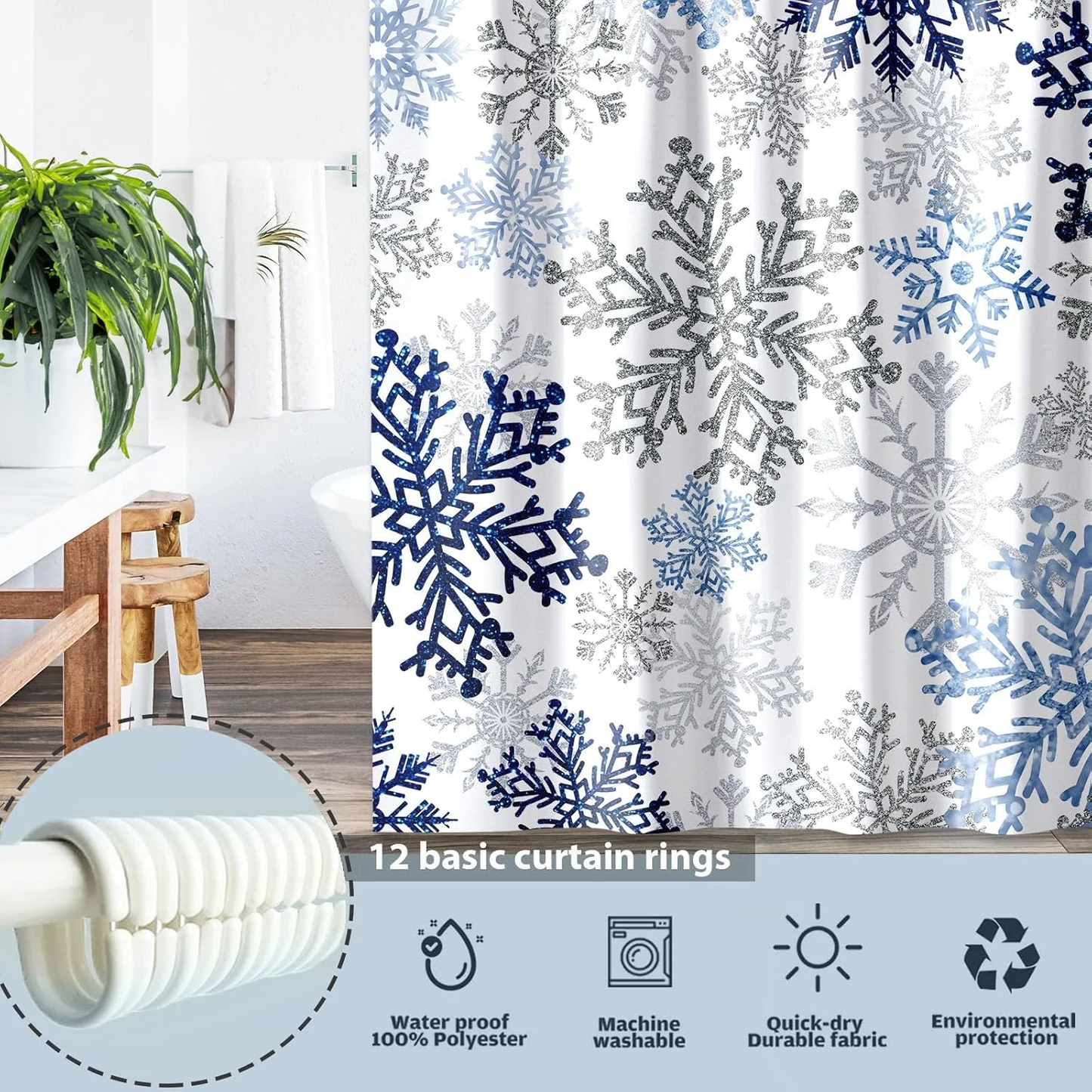 Christmas Snowflake Shower Curtain Fabric Winter Holiday Shower Curtains with 12 Hooks, 72x72 inches