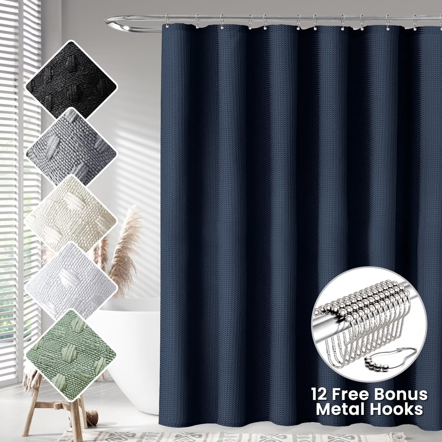 Fabric Shower Curtain Waffle Bathroom Curtain,Water-Repellent,Hotel Grade 72"x72"