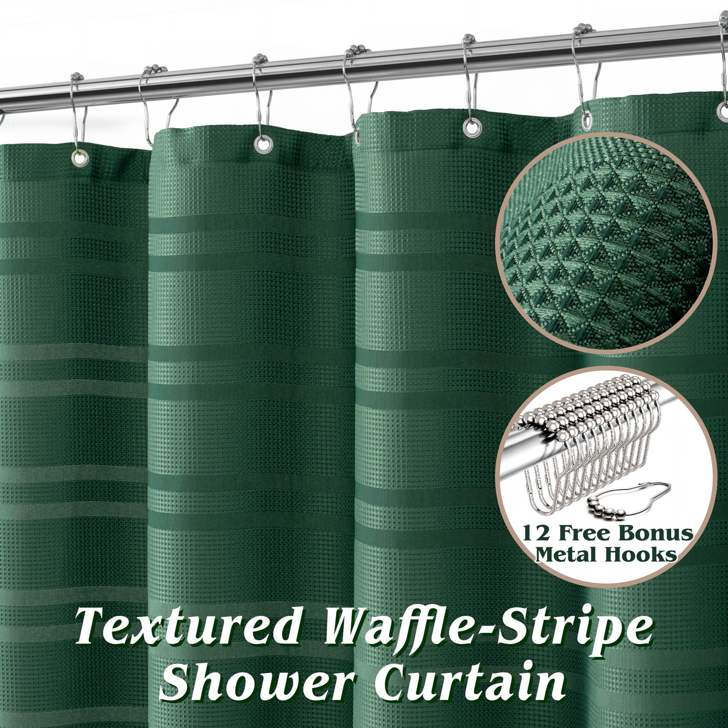 Seasonwood Waffle Shower Curtain Striped Fabric Shower Curtains for Bathroom with 12 Hooks