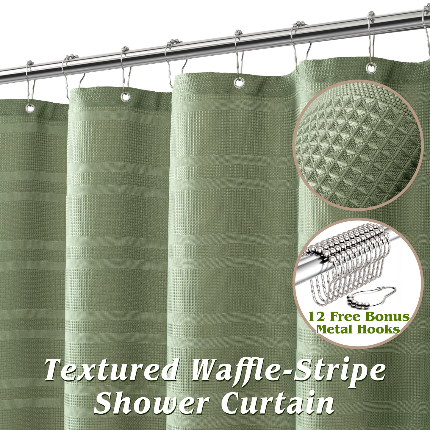 Seasonwood Waffle Shower Curtain Striped Fabric Shower Curtains for Bathroom with 12 Hooks