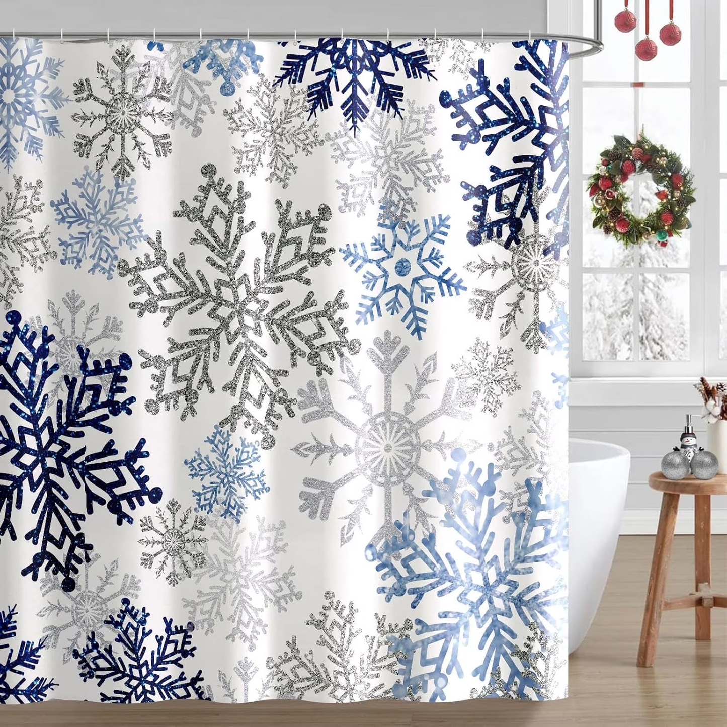 Christmas Snowflake Shower Curtain Fabric Winter Holiday Shower Curtains with 12 Hooks, 72x72 inches