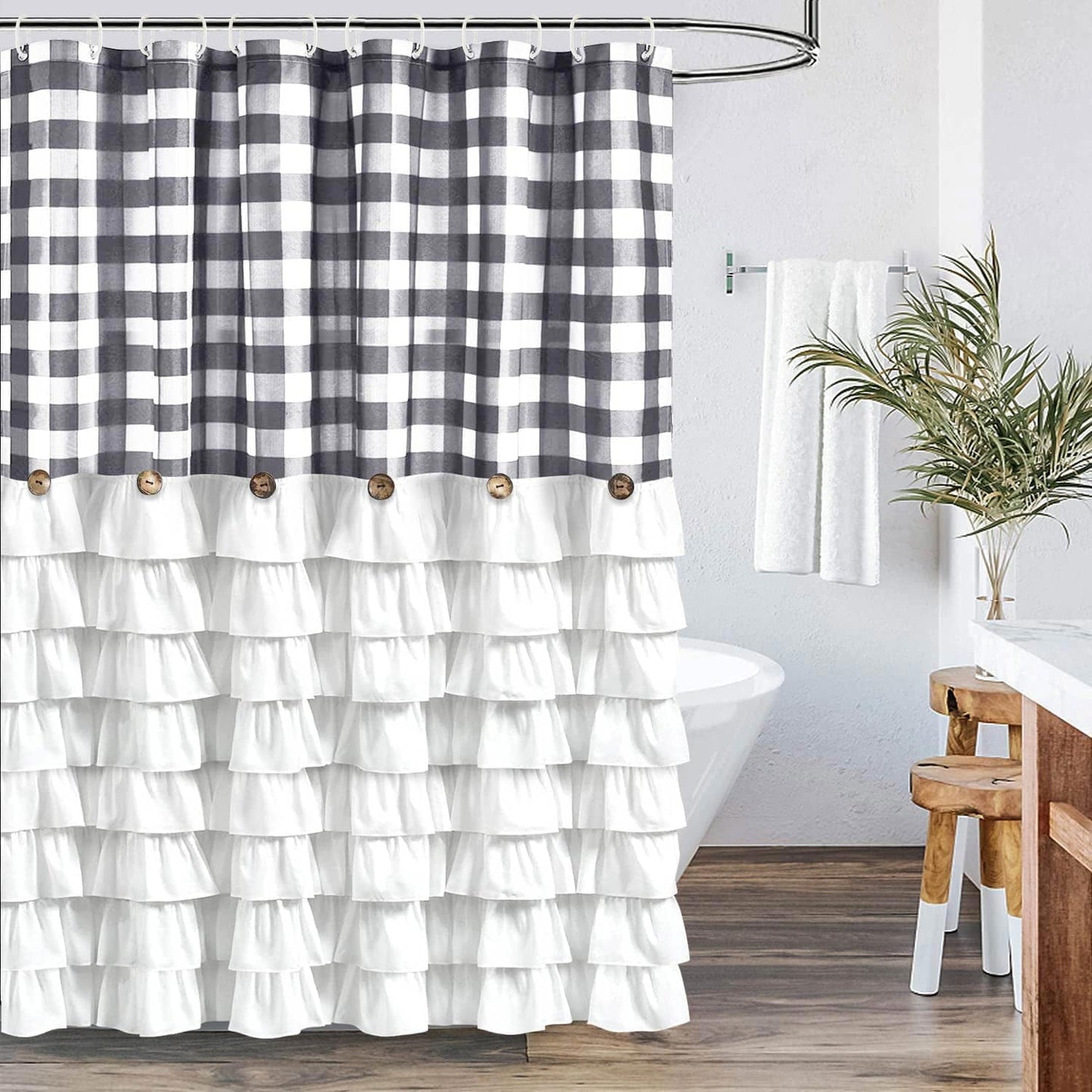 Farmhouse Shower Curtain Black and White Buffalo Plaid Pattern Fabric with Buttons & Black Ruffles 72"x72"