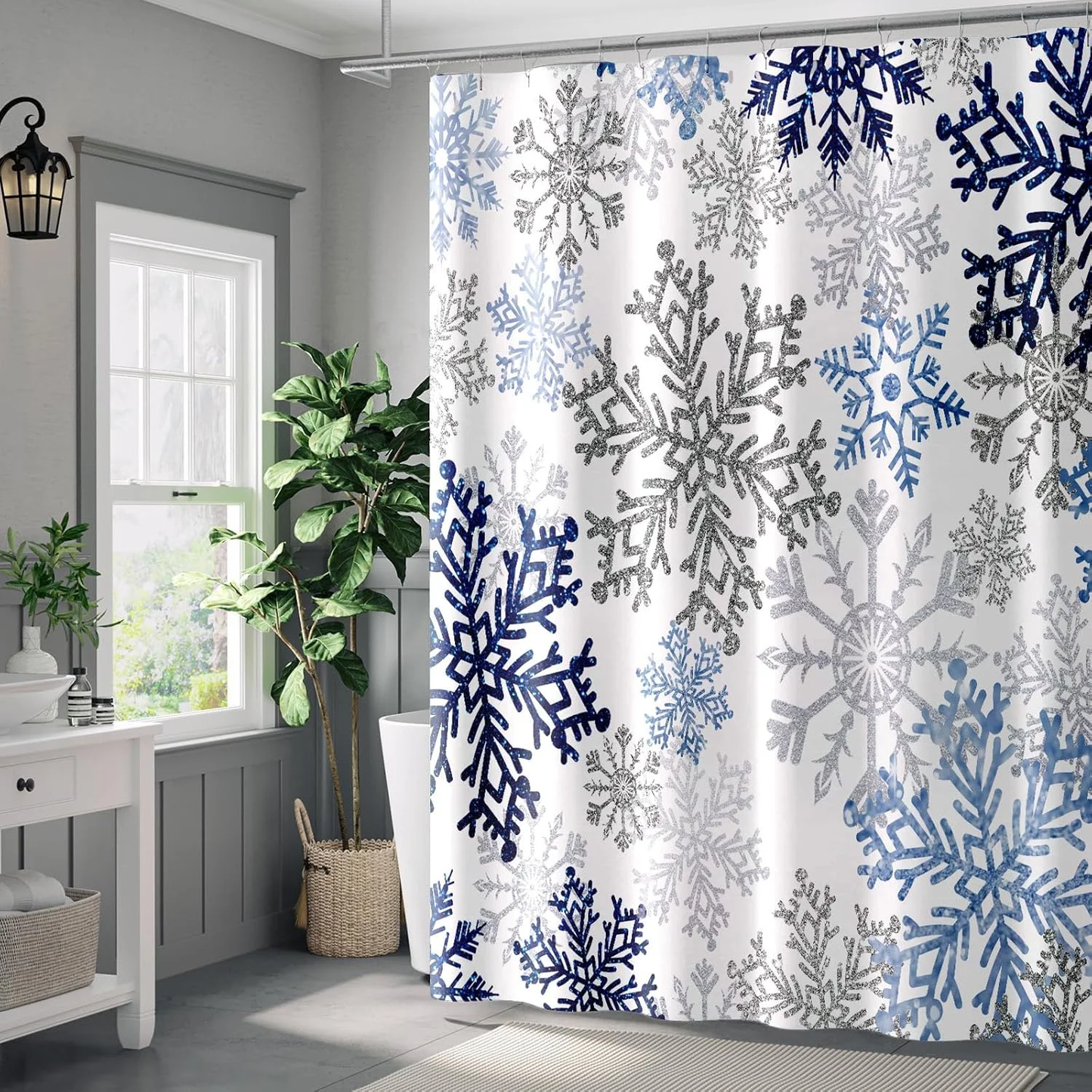 Christmas Snowflake Shower Curtain Fabric Winter Holiday Shower Curtains with 12 Hooks, 72x72 inches