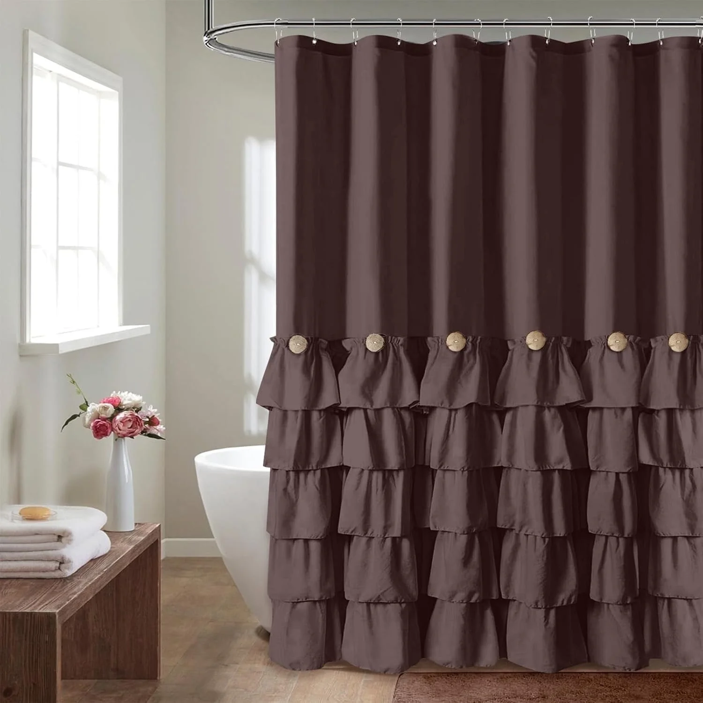 Button Farmhouse Shower Curtain Shabby Chic Fabric Shower Curtain with 12 Hooks 72'' x 72''