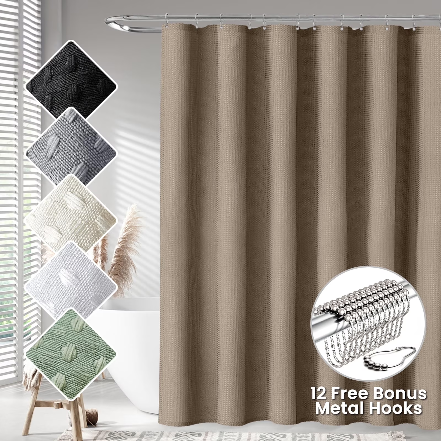 Fabric Shower Curtain Waffle Bathroom Curtain,Water-Repellent,Hotel Grade 72"x72"