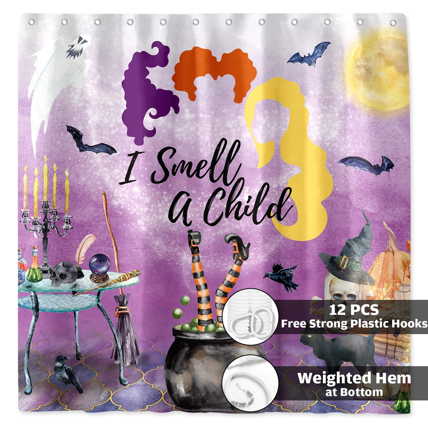 Seasonwood Halloween Shower Curtain,Spooky Halloween Black Cat Shower Curtain,Waterproof Halloween Bathroom Decor with 12 hooks,72"x72"