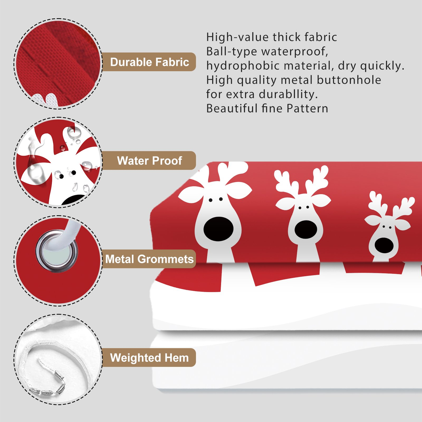 Seasonwood Merry Christmas Elk Shower Curtain, Reindeer Christmas Shower Curtains,Winter Holiday Decor Waterproof Fabric with Hooks,72"x72"