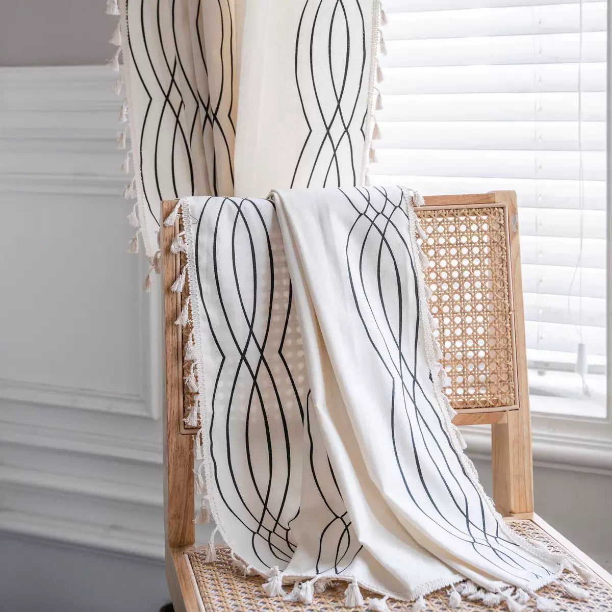 TURKIO Farmhouse Cotton Linen Curtains for Living Room Black Stripe Boho Curtains  1 Panel,White