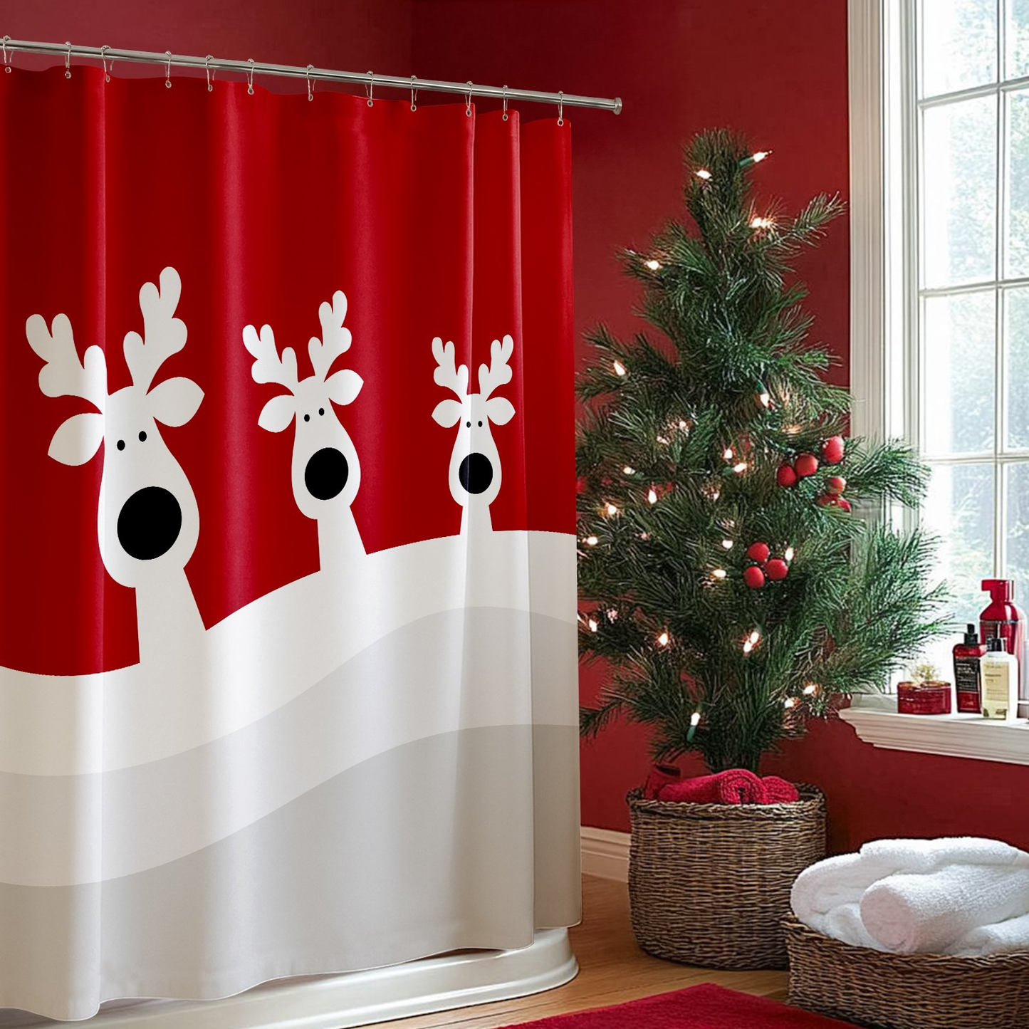 Seasonwood Merry Christmas Elk Shower Curtain, Reindeer Christmas Shower Curtains,Winter Holiday Decor Waterproof Fabric with Hooks,72"x72"