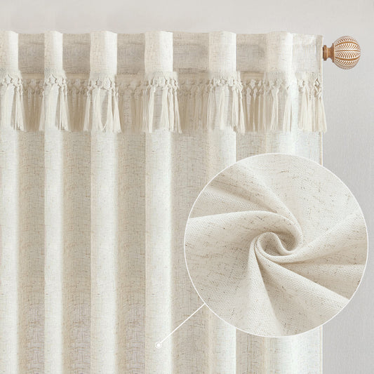 White Farmhouse Curtains for Living Room Linen Boho Curtains 52" x 84",2 Panels