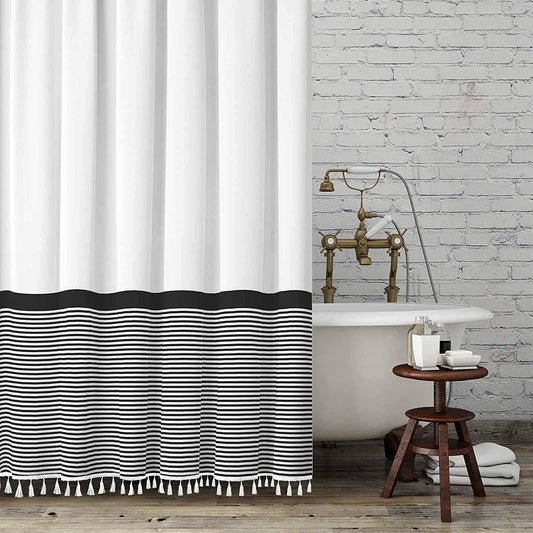 Shower Curtain Striped with Tassels Polyester Bath Curtain with Hooks 72'' x 72'' Fabric