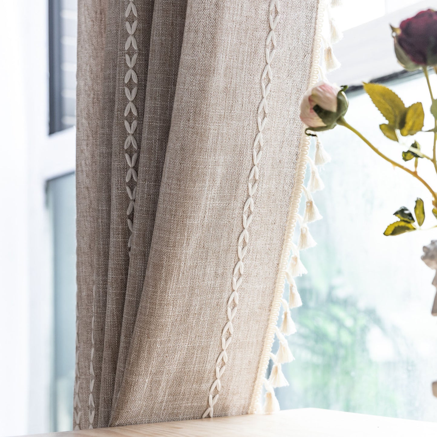 TURKIO Farmhouse Boho Curtains for Living Room Semi Blackout Curtains Rod Pocket Curtain 1 Panel,Taupe
