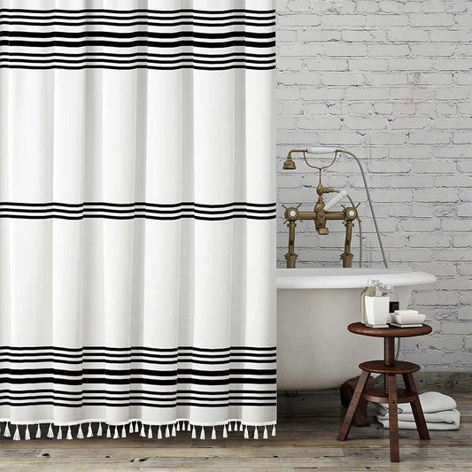 Shower Curtain Striped with Tassel Modern Bathroom Curtains,Waterproof, 12 pcs Hooks