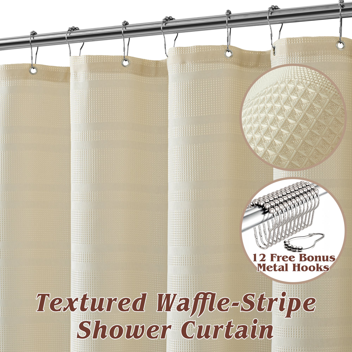 Seasonwood Waffle Shower Curtain Striped Fabric Shower Curtains for Bathroom with 12 Hooks