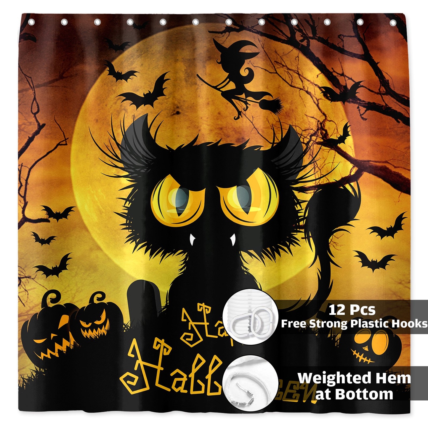 Seasonwood Halloween Shower Curtain,Spooky Halloween Black Cat Shower Curtain,Waterproof Halloween Bathroom Decor with 12 hooks,72"x72"