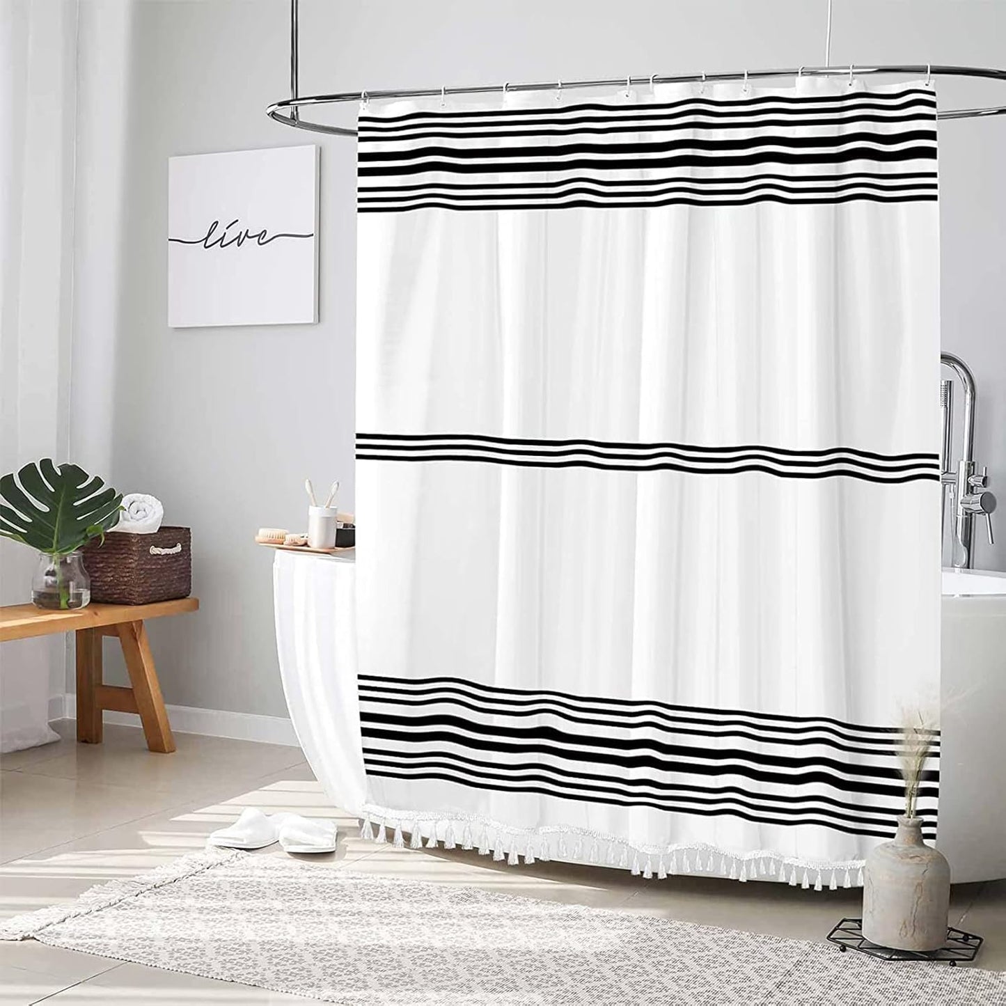 Shower Curtain Striped with Tassel Modern Bathroom Curtains,Waterproof, 12 pcs Hooks