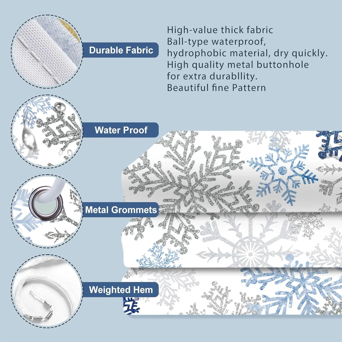 Christmas Snowflake Shower Curtain Fabric Winter Holiday Shower Curtains with 12 Hooks, 72x72 inches