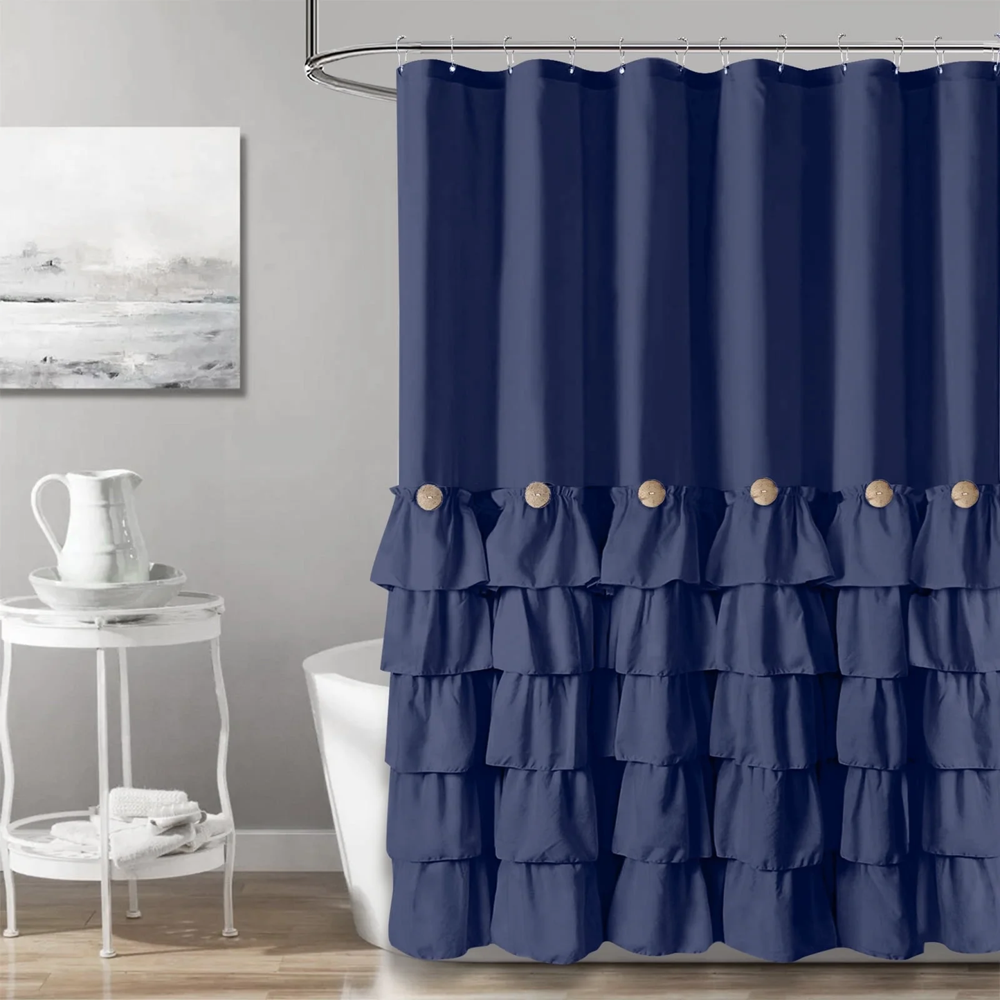 Button Farmhouse Shower Curtain Shabby Chic Fabric Shower Curtain with 12 Hooks 72'' x 72''