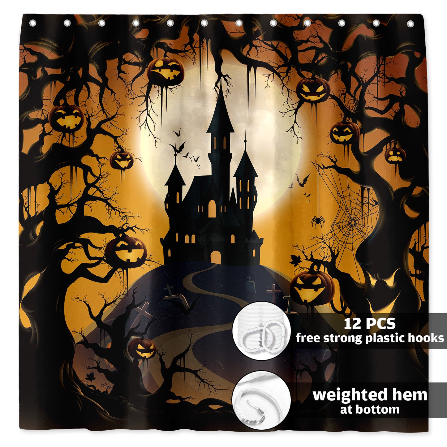 Seasonwood Halloween Shower Curtain,Spooky Halloween Black Cat Shower Curtain,Waterproof Halloween Bathroom Decor with 12 hooks,72"x72"
