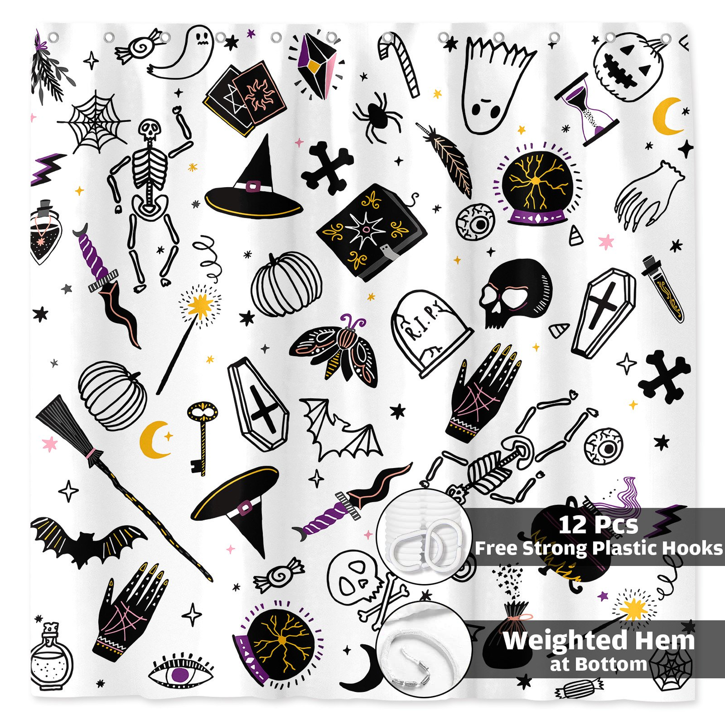 Seasonwood Halloween Shower Curtain,Spooky Halloween Black Cat Shower Curtain,Waterproof Halloween Bathroom Decor with 12 hooks,72"x72"