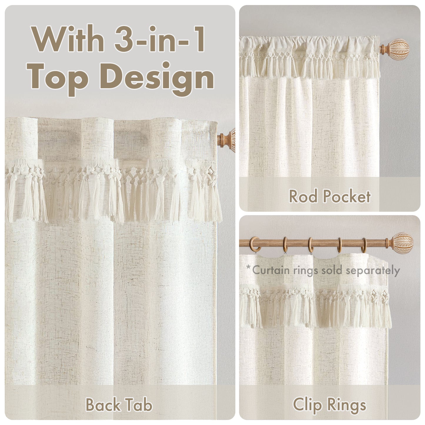 White Farmhouse Curtains for Living Room Linen Boho Curtains 52" x 84",2 Panels