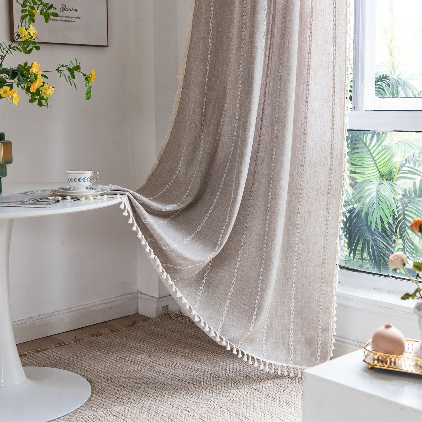 TURKIO Farmhouse Boho Curtains for Living Room Semi Blackout Curtains Rod Pocket Curtain 1 Panel,Taupe