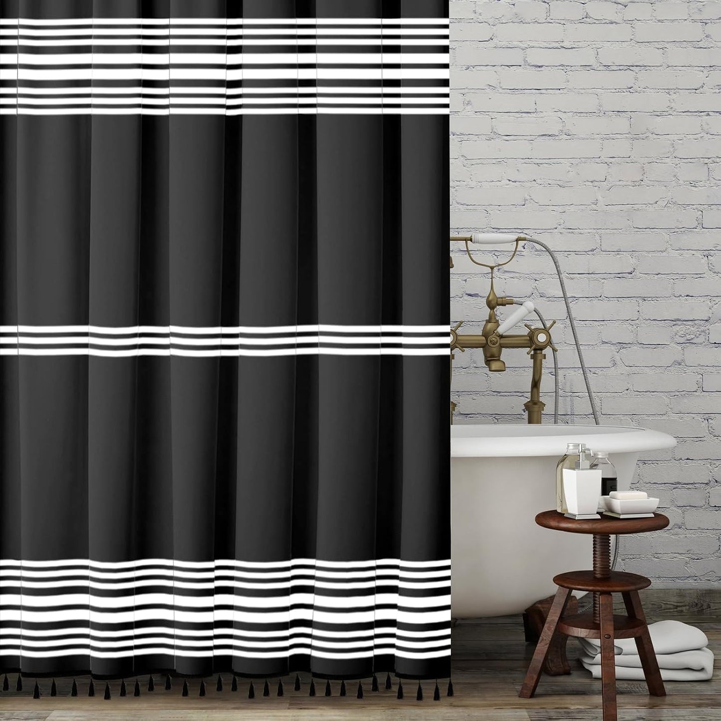 Shower Curtain Striped with Tassel Modern Bathroom Curtains,Waterproof, 12 pcs Hooks