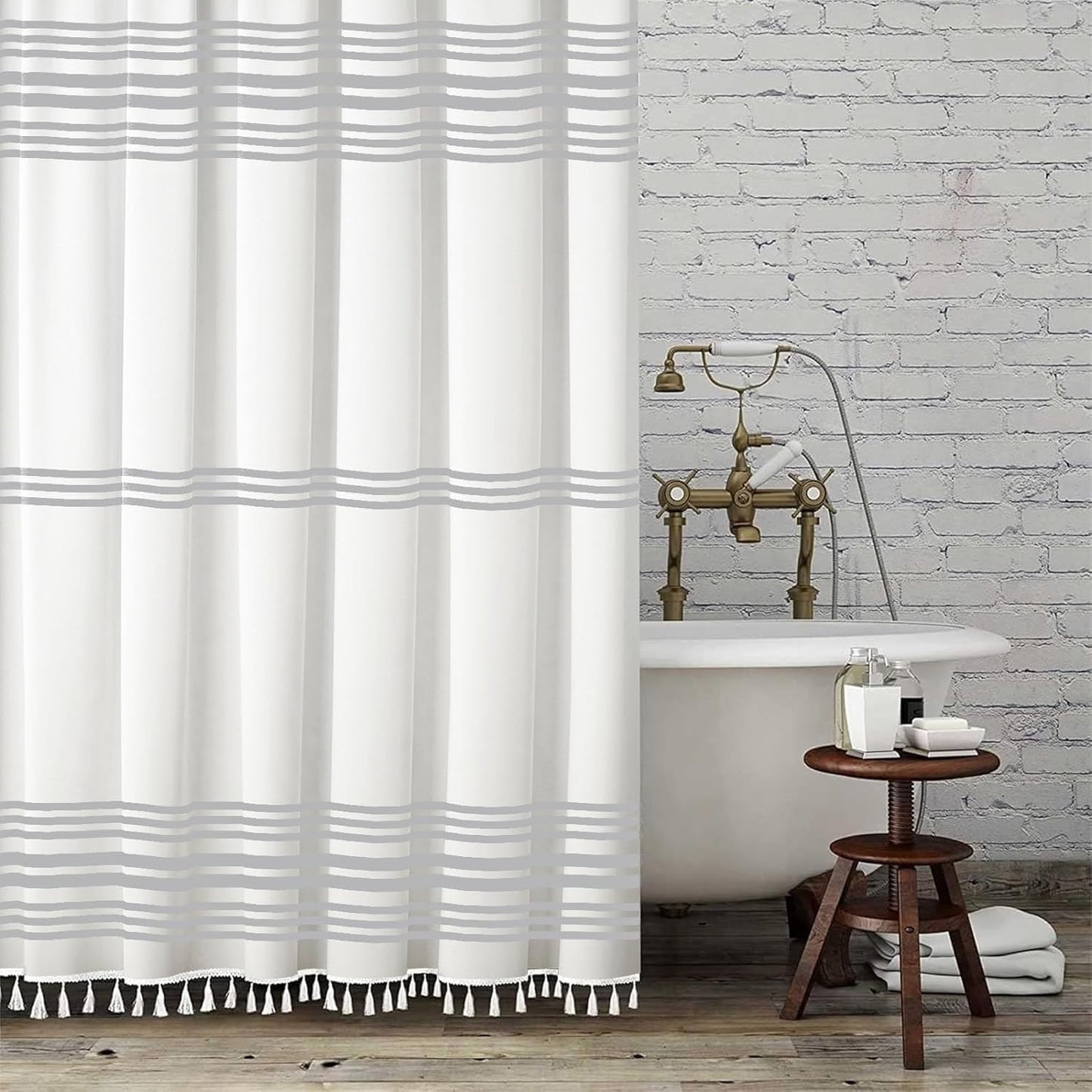 Shower Curtain Striped with Tassel Modern Bathroom Curtains,Waterproof, 12 pcs Hooks