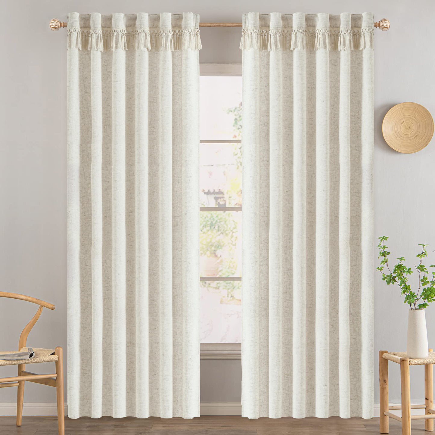 White Farmhouse Curtains for Living Room Linen Boho Curtains 52" x 84",2 Panels
