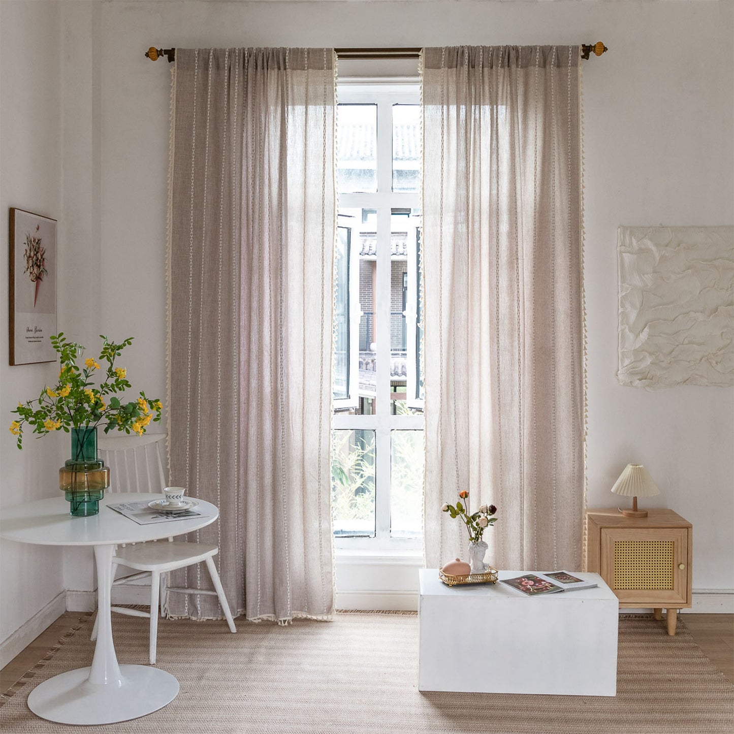 TURKIO Farmhouse Boho Curtains for Living Room Semi Blackout Curtains Rod Pocket Curtain 1 Panel,Taupe