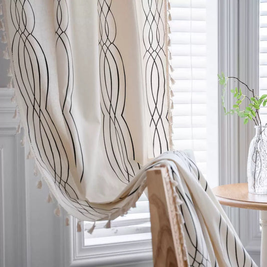 TURKIO Farmhouse Cotton Linen Curtains for Living Room Black Stripe Boho Curtains  1 Panel,White