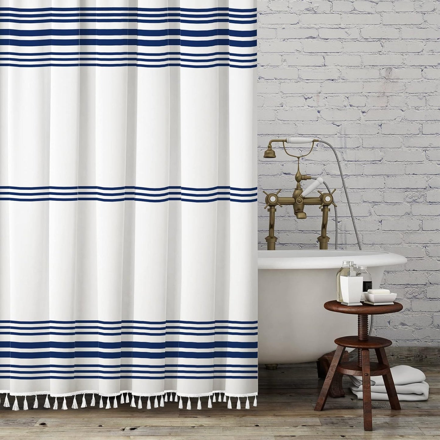 Shower Curtain Striped with Tassel Modern Bathroom Curtains,Waterproof, 12 pcs Hooks