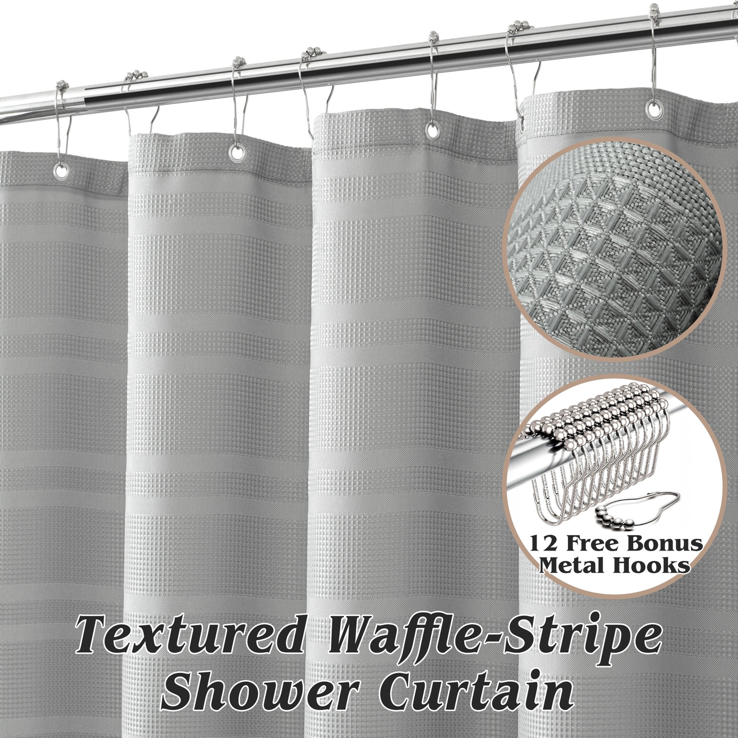 Seasonwood Waffle Shower Curtain Striped Fabric Shower Curtains for Bathroom with 12 Hooks