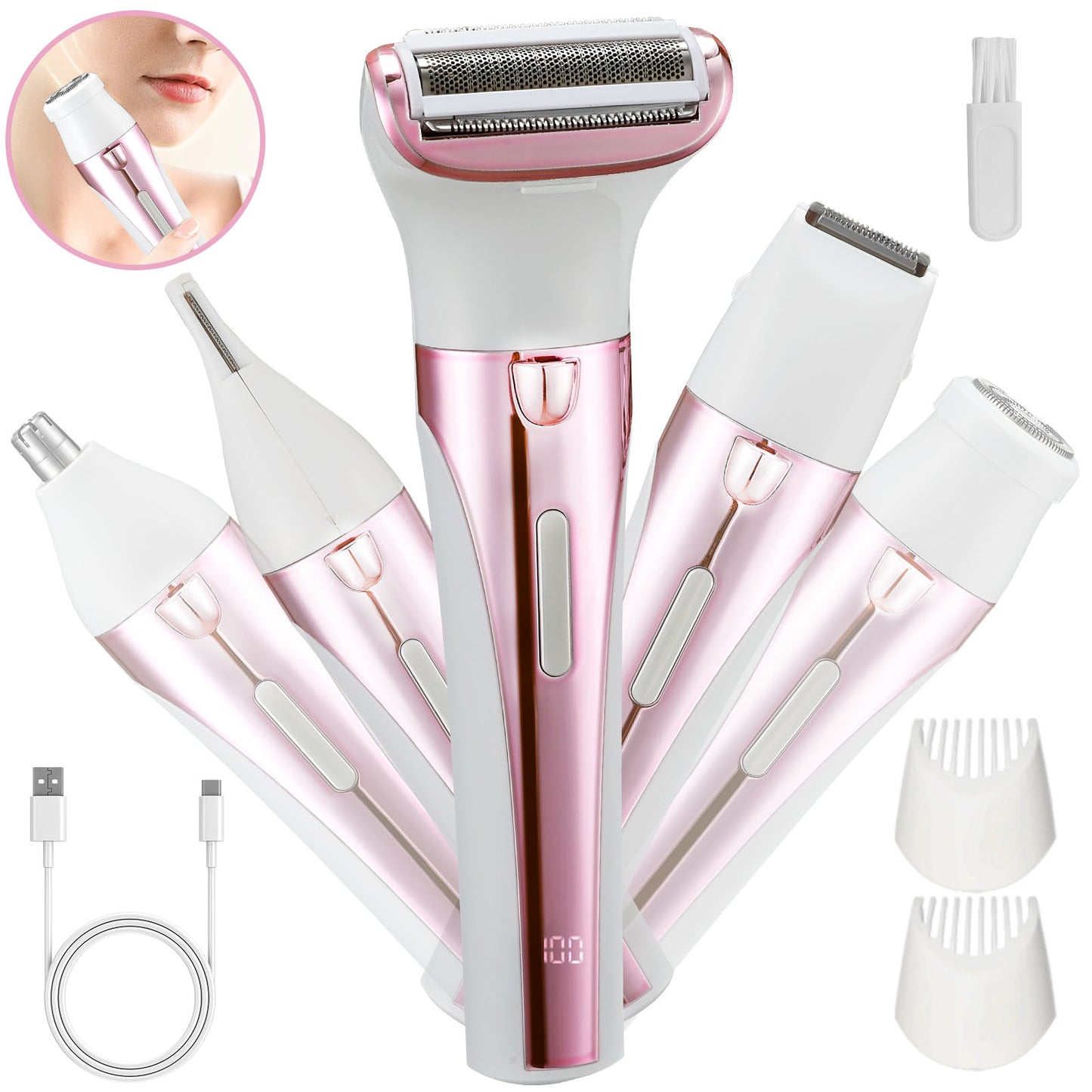 5 in 1 Electric Razor for Women,Nose Hair Trimmer, Face, Bikini & Body Shaver, Gentle Design for Smooth Skin