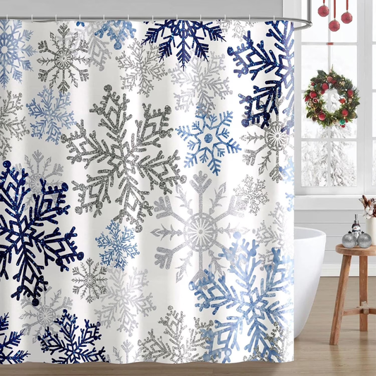 Christmas Snowflake Shower Curtain Fabric Winter Holiday Shower Curtains with 12 Hooks, 72x72 inches