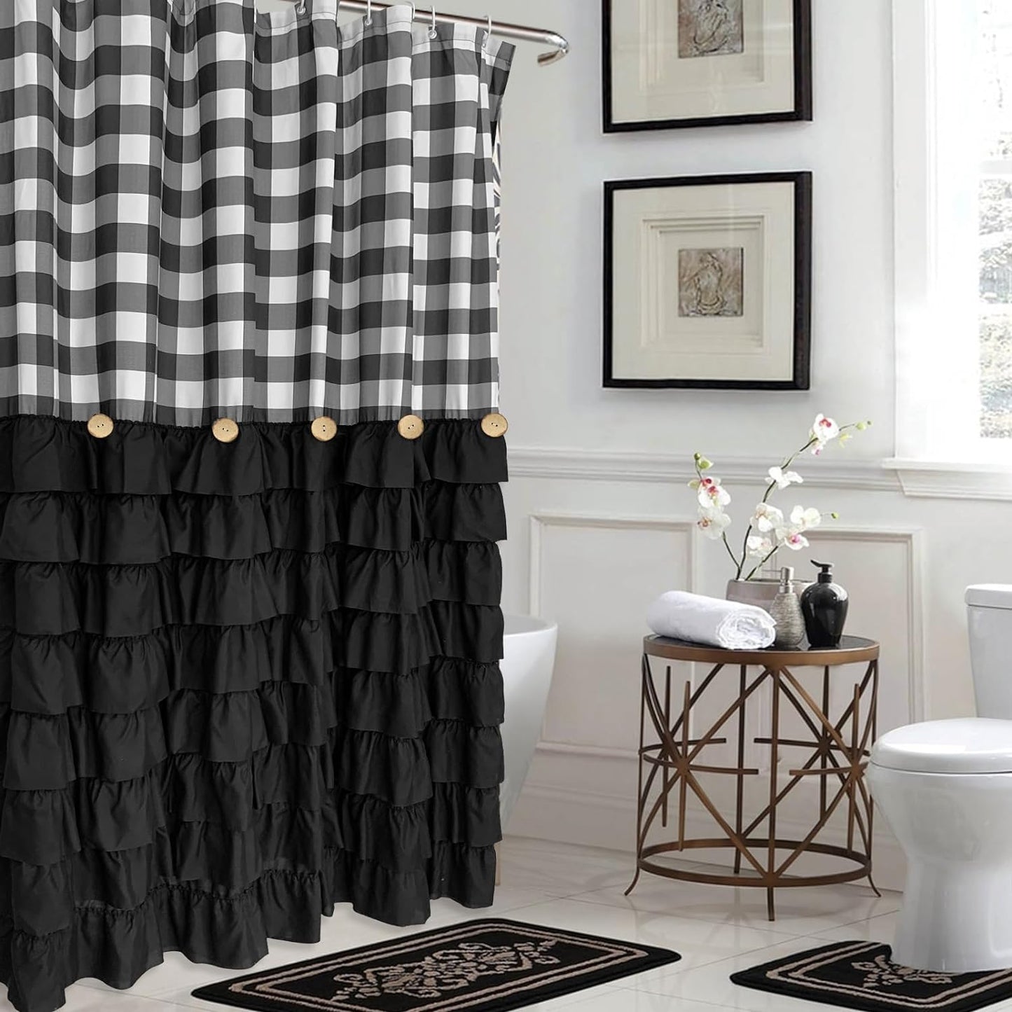 Farmhouse Shower Curtain Black and White Buffalo Plaid Pattern Fabric with Buttons & Black Ruffles 72"x72"