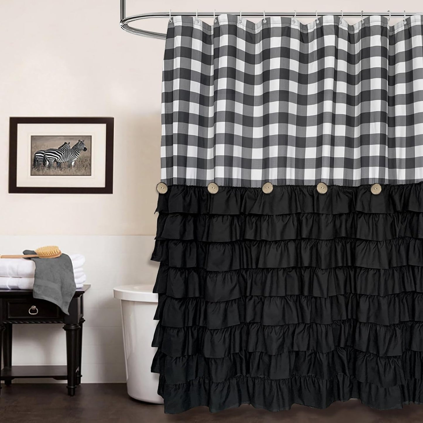 Farmhouse Shower Curtain Black and White Buffalo Plaid Pattern Fabric with Buttons & Black Ruffles 72"x72"