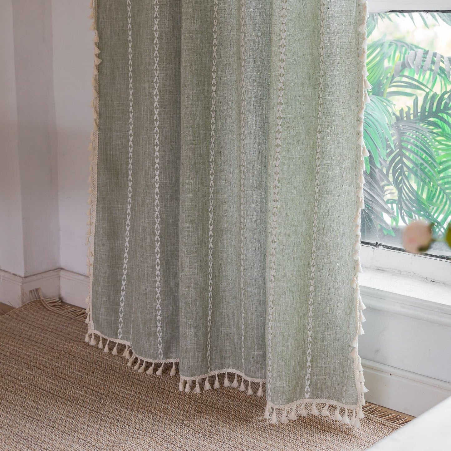 Boho Curtains Linen Farmhouse Curtains Semi Sheer Curtains 52" W x 84" L Green