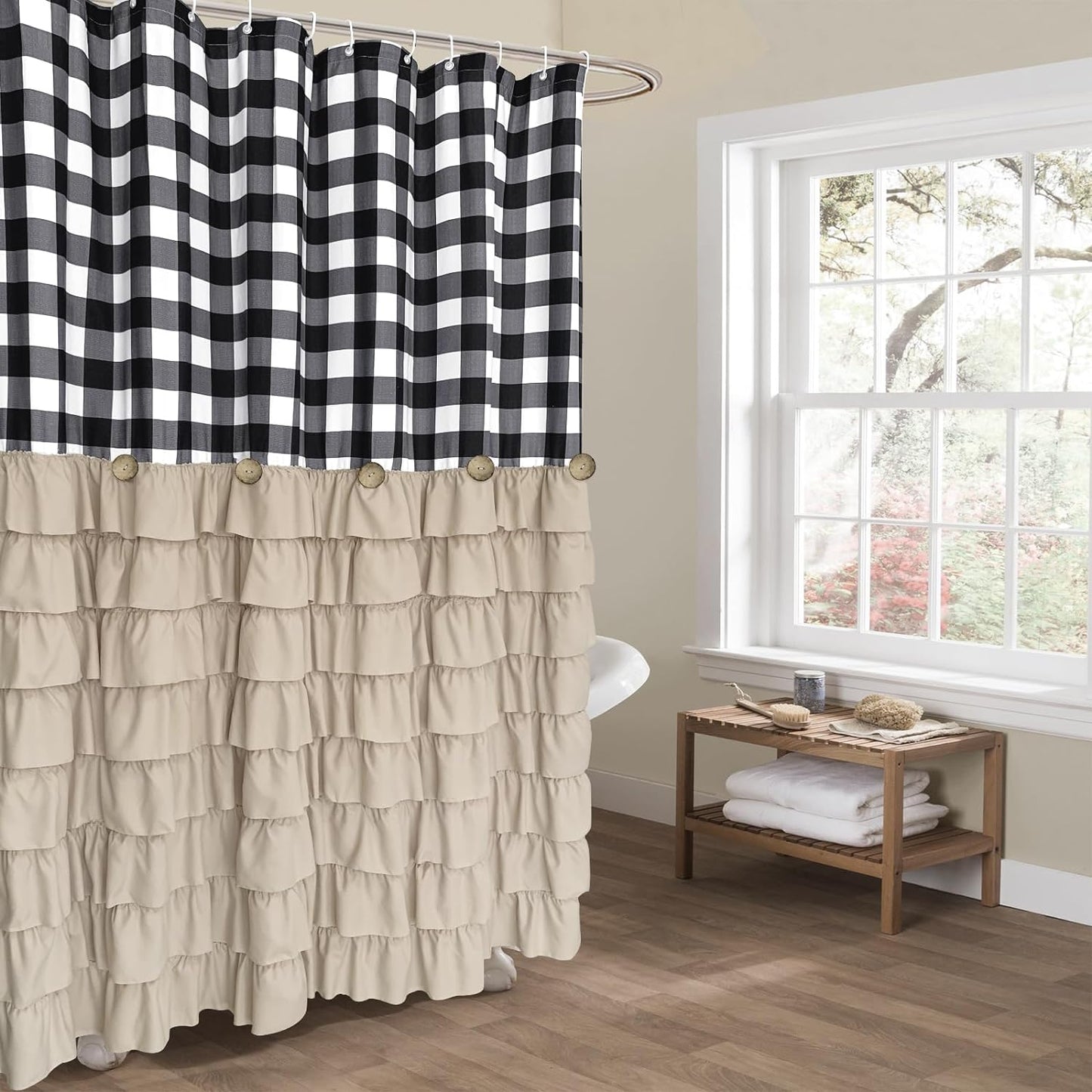 Farmhouse Shower Curtain Black and White Buffalo Plaid Pattern Fabric with Buttons & Black Ruffles 72"x72"