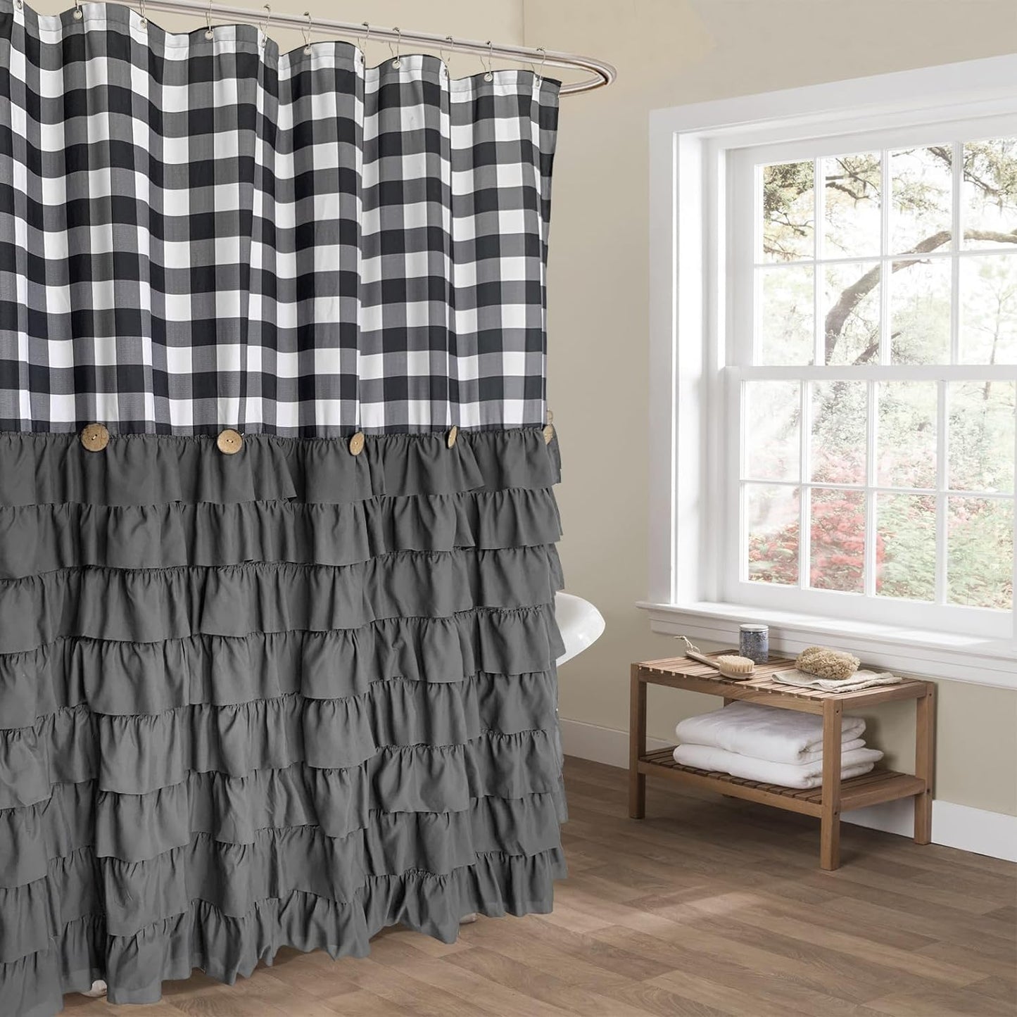 Farmhouse Shower Curtain Black and White Buffalo Plaid Pattern Fabric with Buttons & Black Ruffles 72"x72"