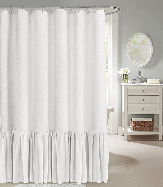 White Farmhouse Shower Curtain Ruffle Linen Shower Curtain for Bathroom 72"x 72"