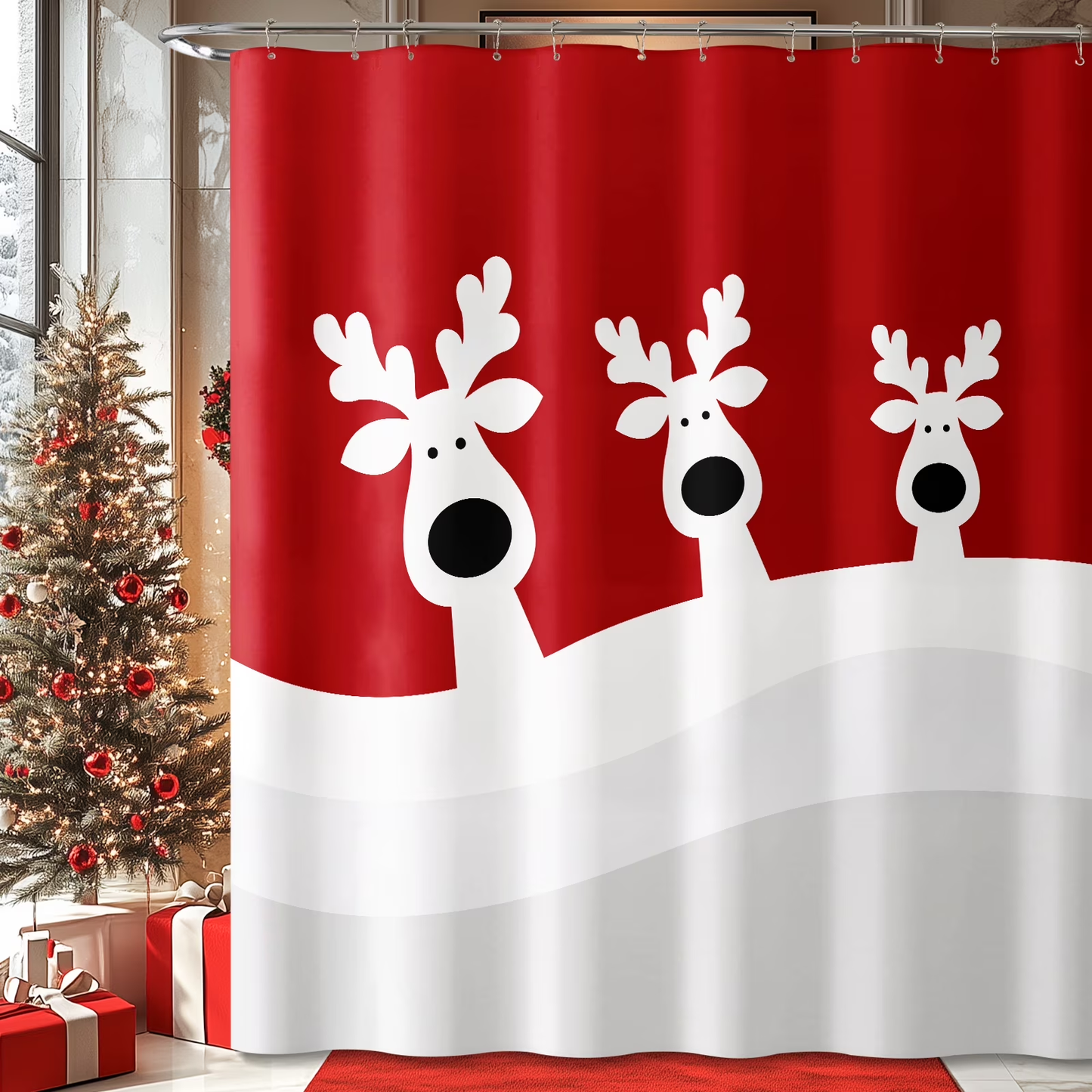 Seasonwood Merry Christmas Elk Shower Curtain, Reindeer Christmas Shower Curtains,Winter Holiday Decor Waterproof Fabric with Hooks,72"x72"