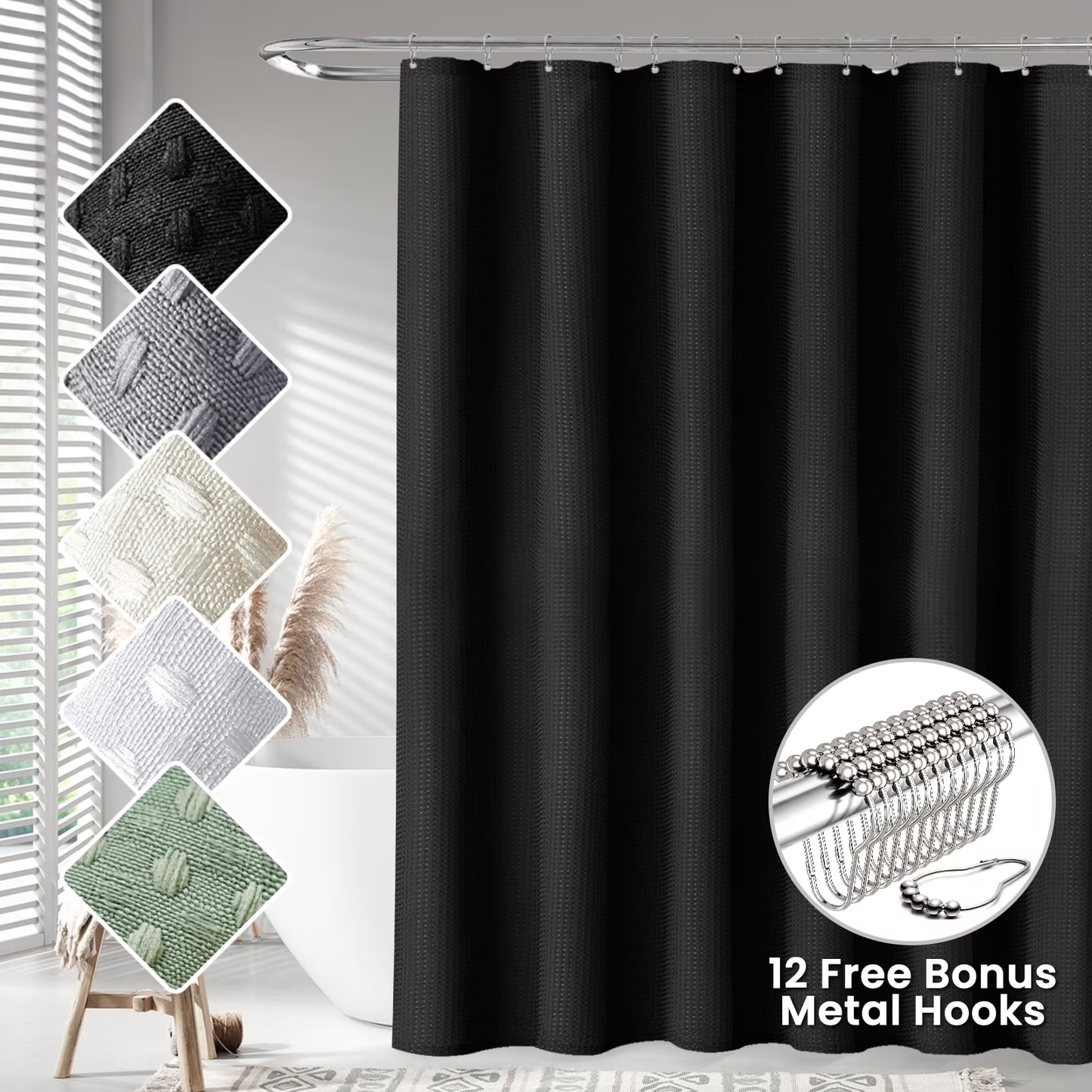 Fabric Shower Curtain Waffle Bathroom Curtain,Water-Repellent,Hotel Grade 72"x72"