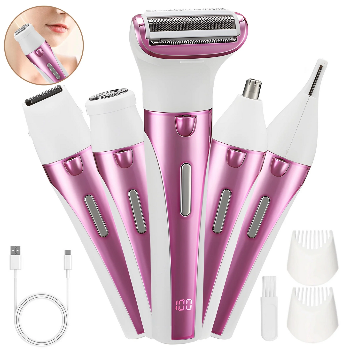 5 in 1 Electric Razor for Women,Nose Hair Trimmer, Face, Bikini & Body Shaver, Gentle Design for Smooth Skin