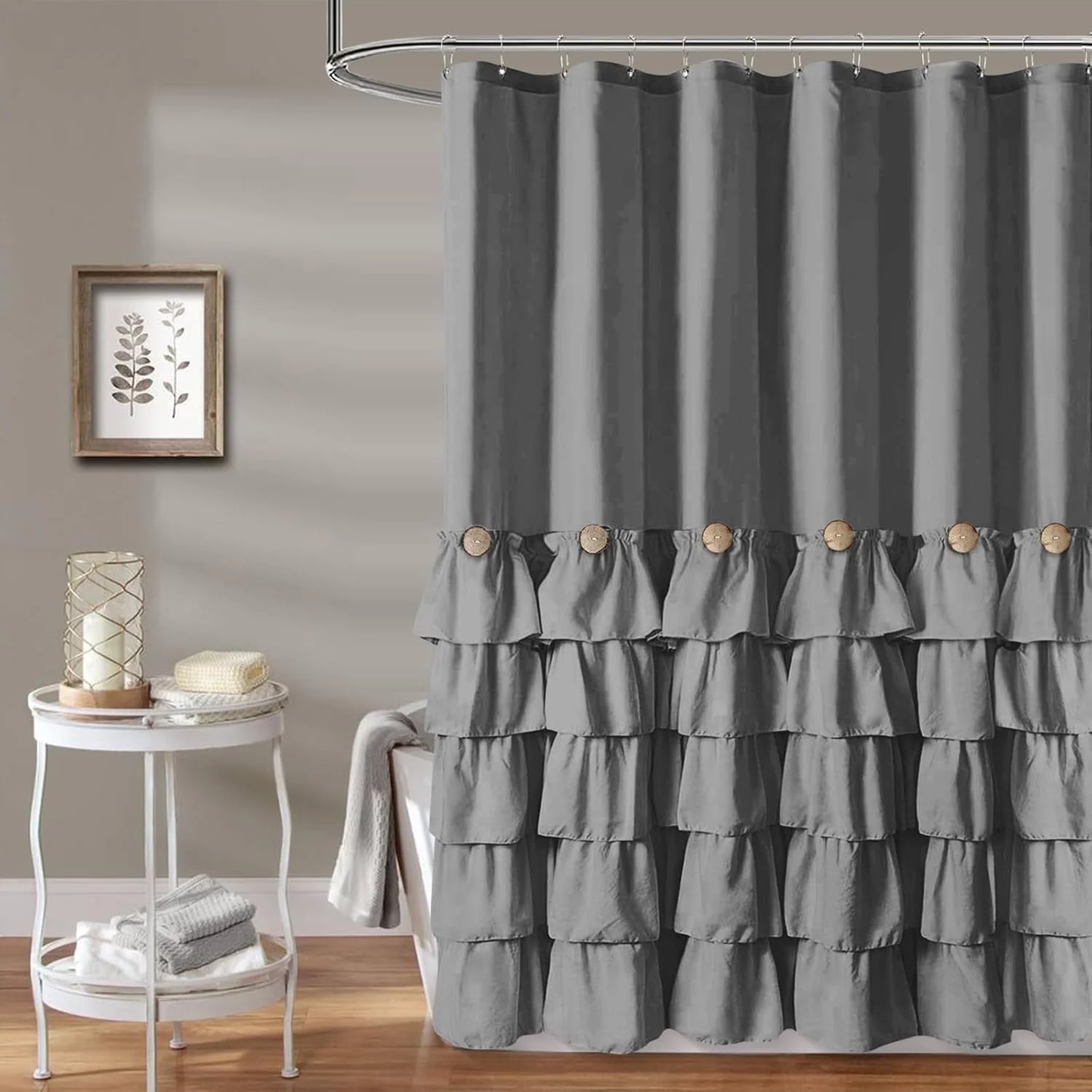 Button Farmhouse Shower Curtain Shabby Chic Fabric Shower Curtain with 12 Hooks 72'' x 72''